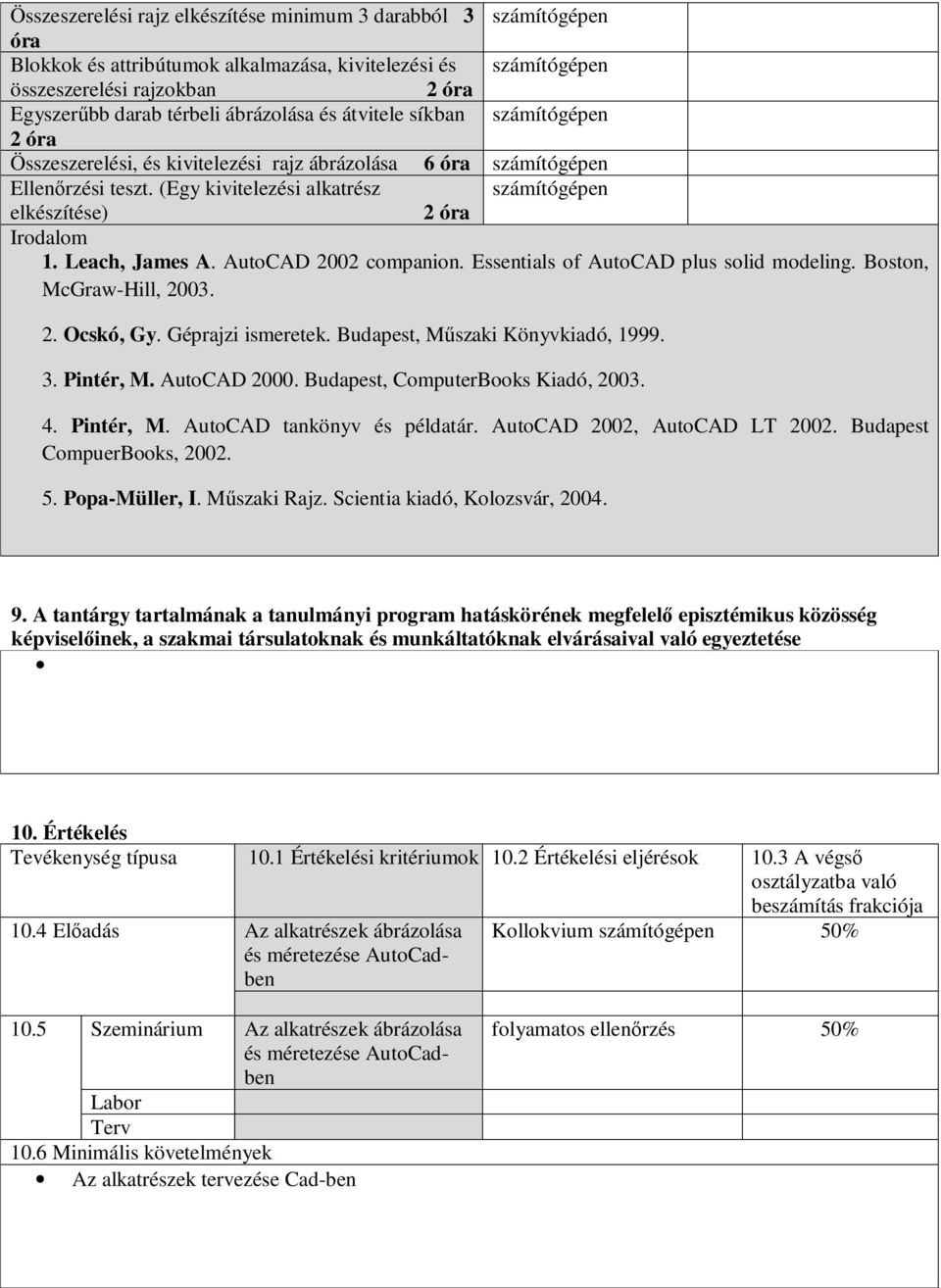 AutoCAD 2002 companion. Essentials of AutoCAD plus solid modeling. Boston, McGraw-Hill, 2003. 2. Ocskó, Gy. Géprajzi ismeretek. Budapest, Műszaki Könyvkiadó, 1999. 3. Pintér, M. AutoCAD 2000.