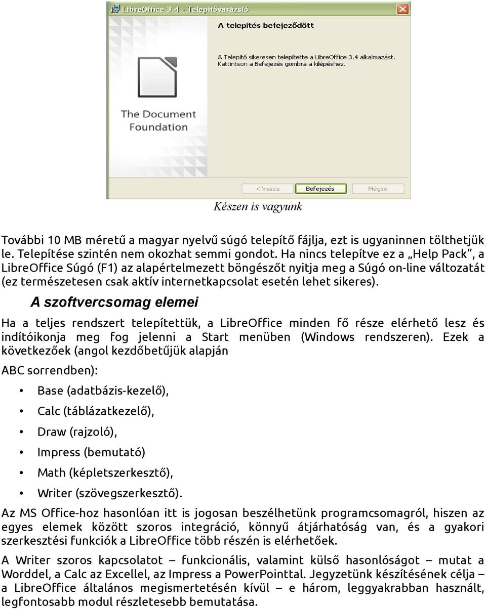 A szoftvercsomag elemei Ha a teljes rendszert telepítettük, a LibreOffice minden fő része elérhető lesz és indítóikonja meg fog jelenni a Start menüben (Windows rendszeren).