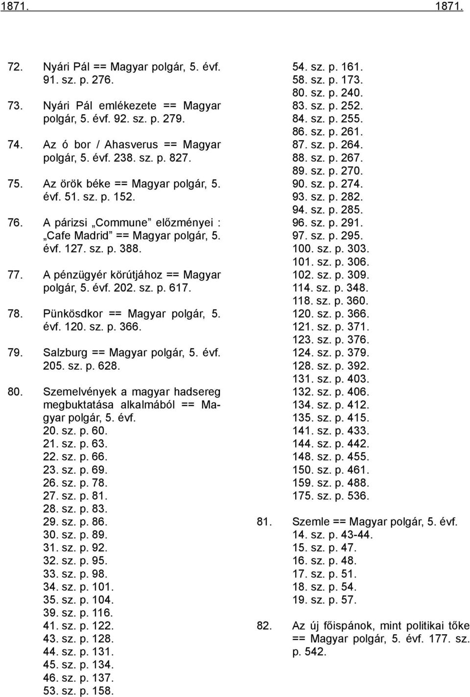 évf. 202. sz. p. 617. 78. Pünkösdkor == Magyar polgár, 5. évf. 120. sz. p. 366. 79. Salzburg == Magyar polgár, 5. évf. 205. sz. p. 628. 80.