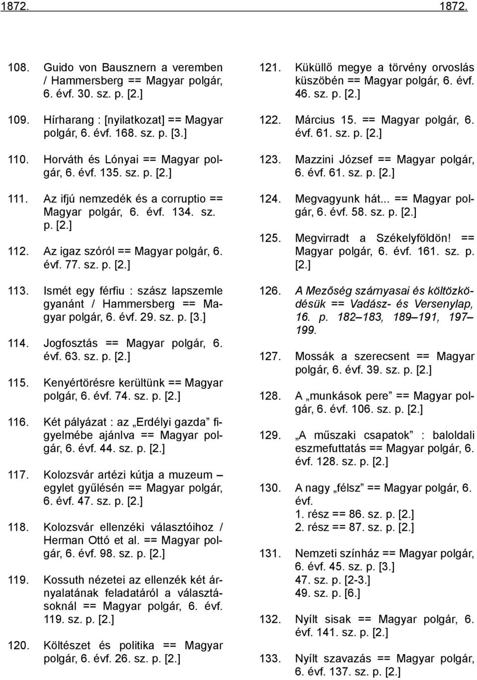 Mazzini József == Magyar polgár, 6. évf. 61. sz. p. [2.] 111. Az ifjú nemzedék és a corruptio == Magyar polgár, 6. évf. 134. sz. p. [2.] 124. Megvagyunk hát... == Magyar polgár, 6. évf. 58. sz. p. [2.] 125.