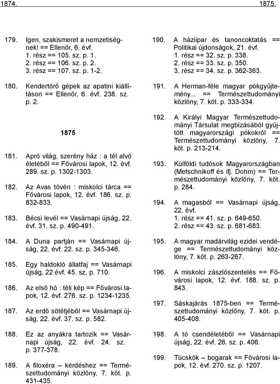 Kendertörő gépek az apatini kiállításon == Ellenőr, 6. évf. 238. sz. p. 2. 191. A Herman-féle magyar pókgyűjtemény... == Természettudományi közlöny, 7. köt. p. 333-334. 192.