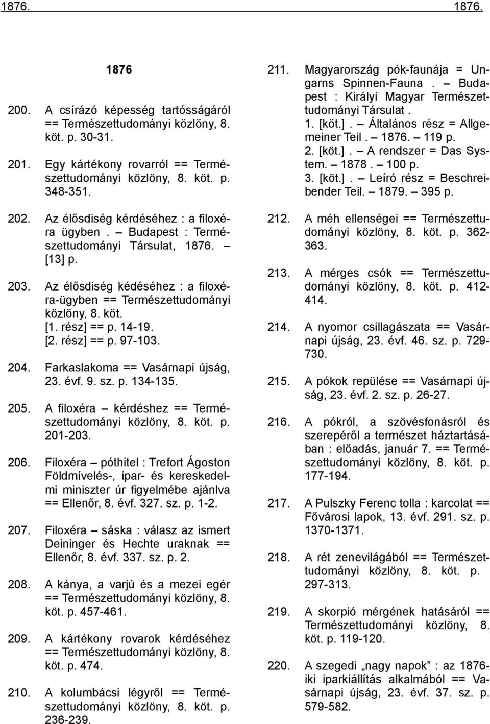 214. A nyomor csillagászata == Vasárnapi újság, 23. évf. 46. sz. p. 729730. 215. A pókok repülése == Vasárnapi újság, 23. évf. 2. sz. p. 26-27. 216.