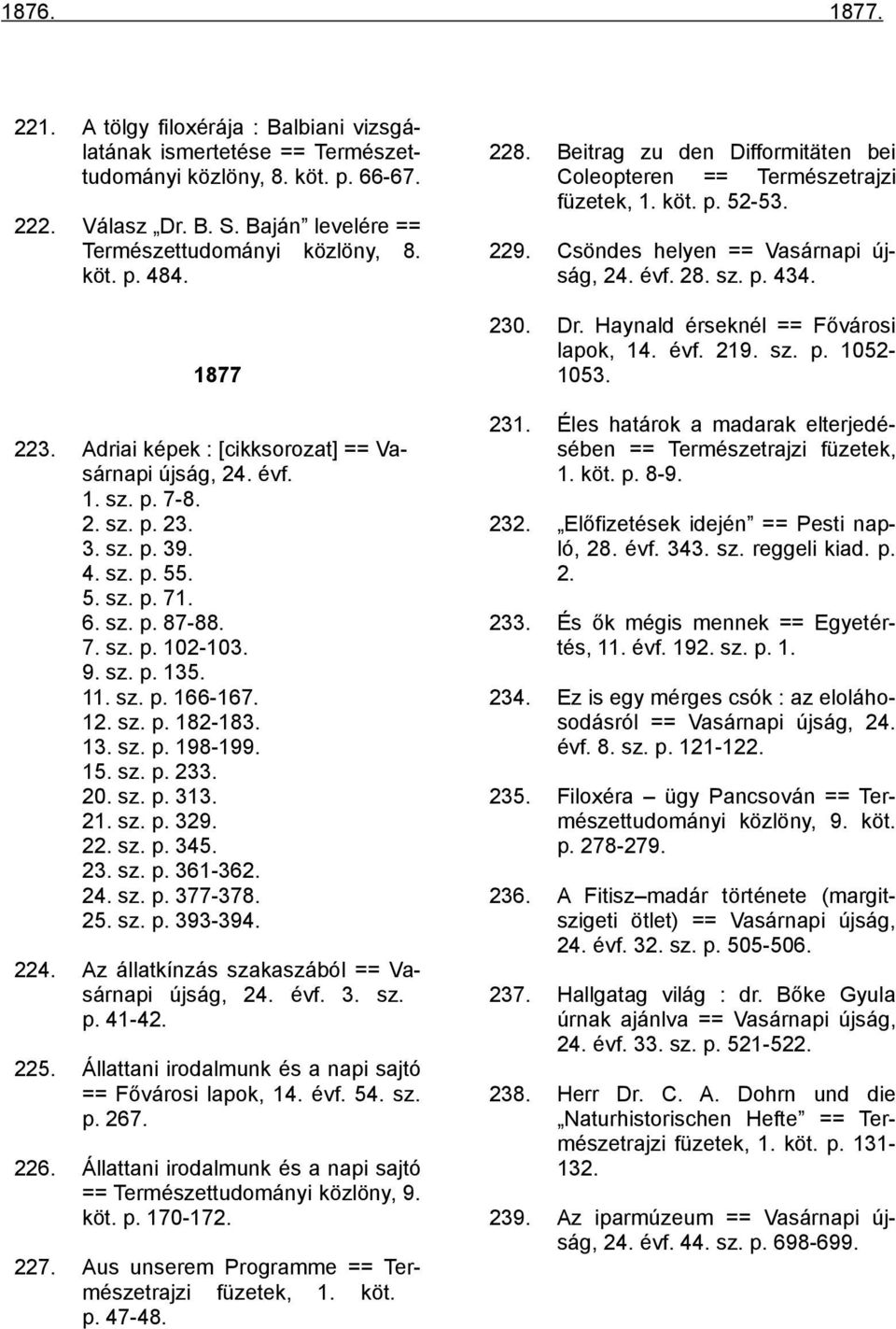 Csöndes helyen == Vasárnapi újság, 24. évf. 28. sz. p. 434. 230. Dr. Haynald érseknél == Fővárosi lapok, 14. évf. 219. sz. p. 10521053. 231.