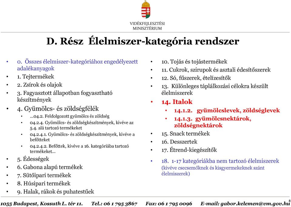 Gyümölcs- és zöldségkészítmények, kivéve a befőtteket 04.2.4.2. Befőttek, kivéve a 16. kategóriába tartozó termékeket 5. Édességek 6. Gabona alapú termékek 7. Sütőipari termékek 8.