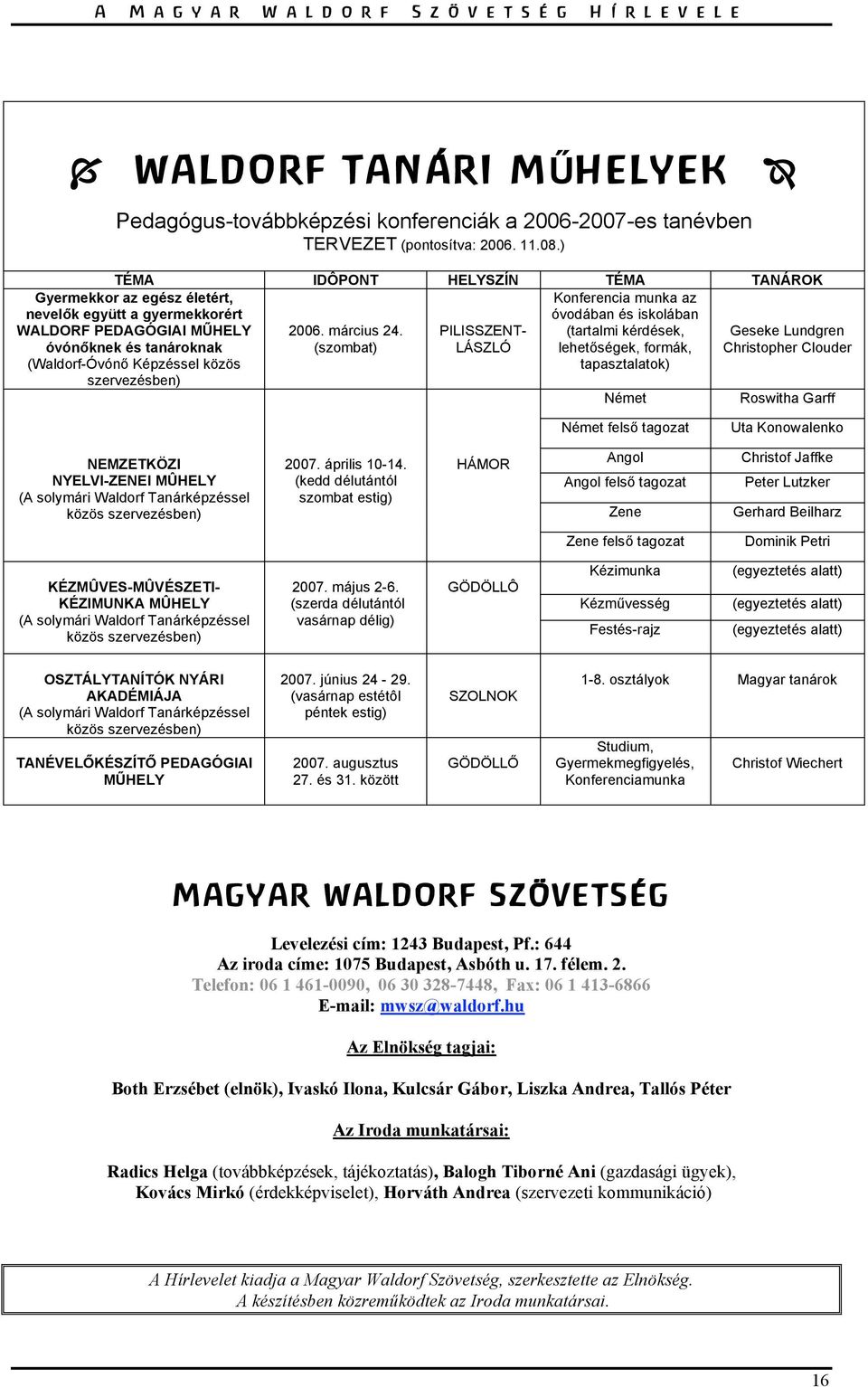 PILISSZENT- (tartalmi kérdések, (szombat) LÁSZLÓ lehetőségek, formák, tapasztalatok) Gyermekkor az egész életért, nevelők együtt a gyermekkorért WALDORF PEDAGÓGIAI MŰHELY óvónőknek és tanároknak