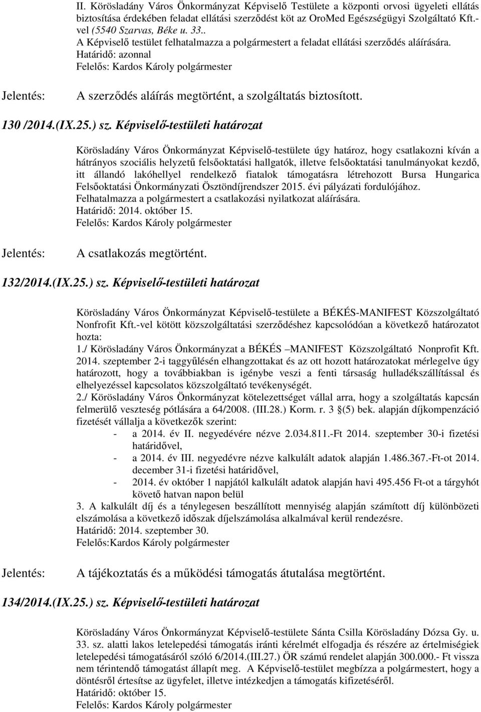 Határidő: azonnal A szerződés aláírás megtörtént, a szolgáltatás biztosított. 130 /2014.(IX.25.) sz.