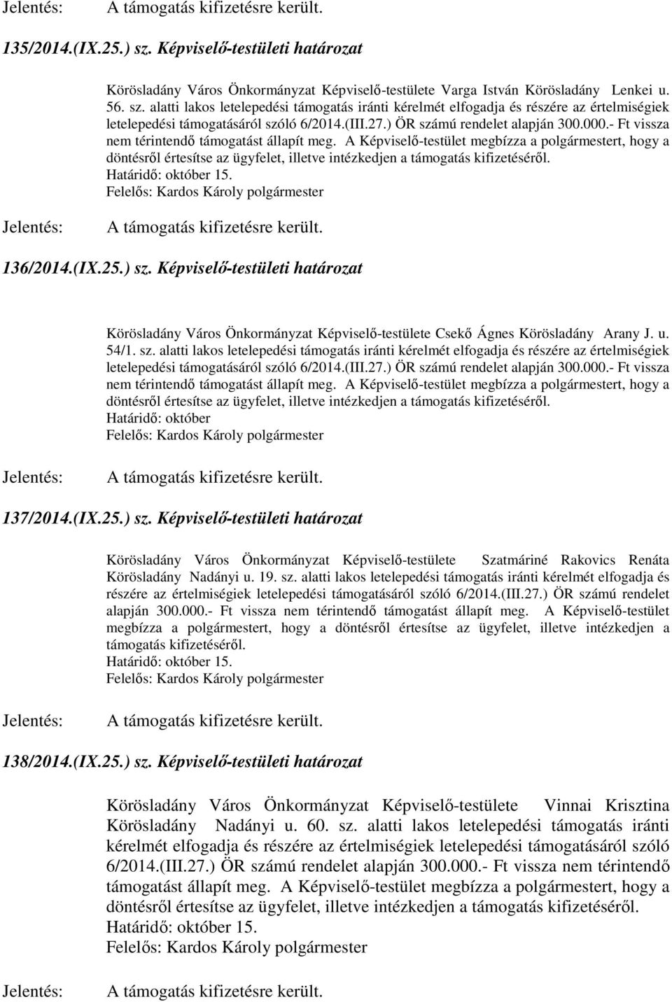 A Képviselő-testület megbízza a polgármestert, hogy a döntésről értesítse az ügyfelet, illetve intézkedjen a támogatás kifizetéséről. Határidő: október 15. A támogatás kifizetésre került. 136/2014.