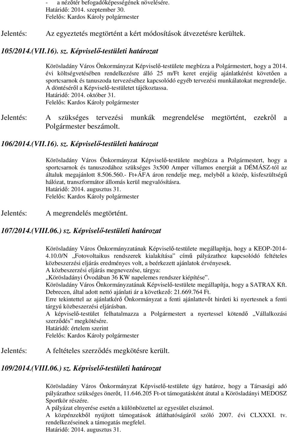 A döntéséről a Képviselő-testületet tájékoztassa. A szü