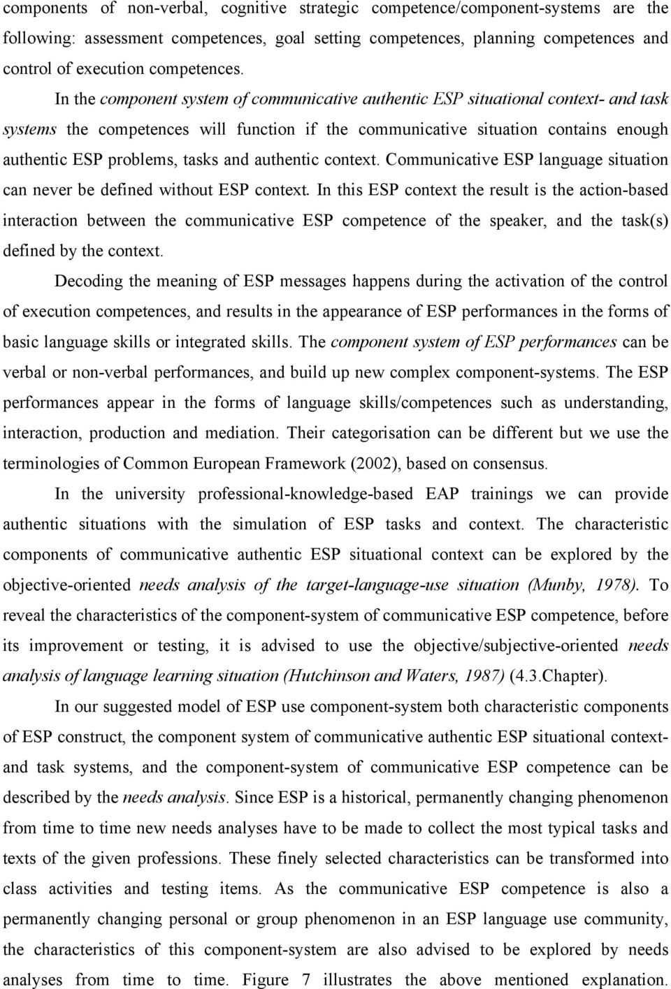 In the component system of communicative authentic ESP situational context- and task systems the competences will function if the communicative situation contains enough authentic ESP problems, tasks