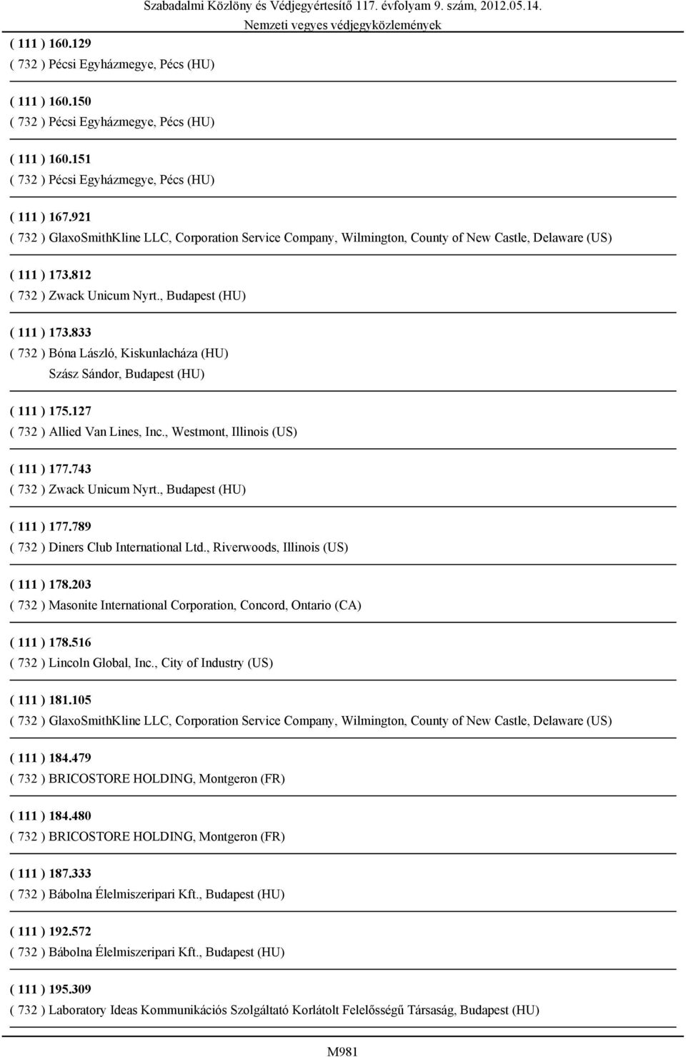 , Westmont, Illinois (US) ( 111 ) 177.743 ( 732 ) Zwack Unicum Nyrt., Budapest (HU) ( 111 ) 177.789 ( 732 ) Diners Club International Ltd., Riverwoods, Illinois (US) ( 111 ) 178.