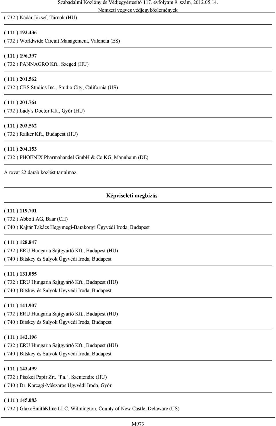 153 ( 732 ) PHOENIX Pharmahandel GmbH & Co KG, Mannheim (DE) A rovat 22 darab közlést tartalmaz. Képviseleti megbízás ( 111 ) 119.