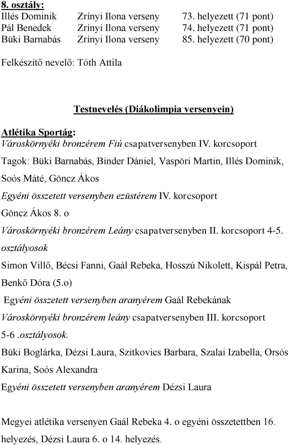 korcsoport Tagok: Büki Barnabás, Binder Dániel, Vaspöri Martin, Illés Dominik, Soós Máté, Göncz Ákos Egyéni összetett versenyben ezüstérem IV. korcsoport Göncz Ákos 8.