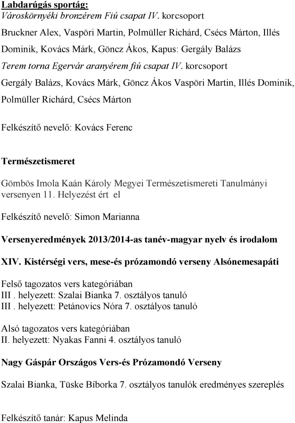 korcsoport Gergály Balázs, Kovács Márk, Göncz Ákos Vaspöri Martin, Illés Dominik, Polmüller Richárd, Csécs Márton Felkészítő nevelő: Kovács Ferenc Természetismeret Gömbös Imola Kaán Károly Megyei