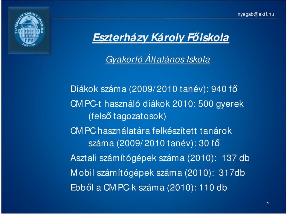 felkészített tanárok száma (2009/2010 tanév): 30 fő Asztali számítógépek száma