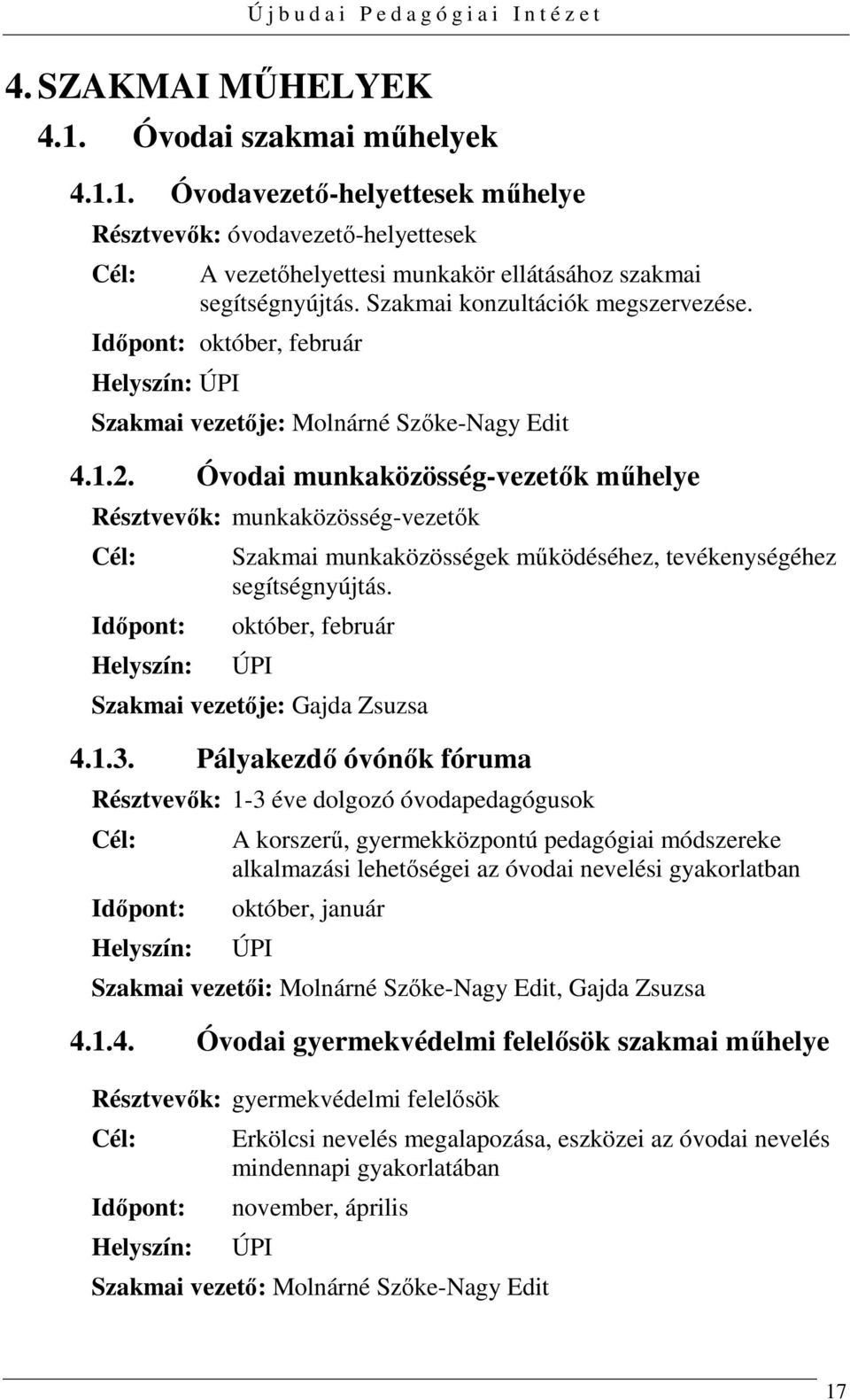 Óvodai munkaközösség-vezetők műhelye Résztvevők: munkaközösség-vezetők Időpont: Helyszín: Szakmai munkaközösségek működéséhez, tevékenységéhez segítségnyújtás.