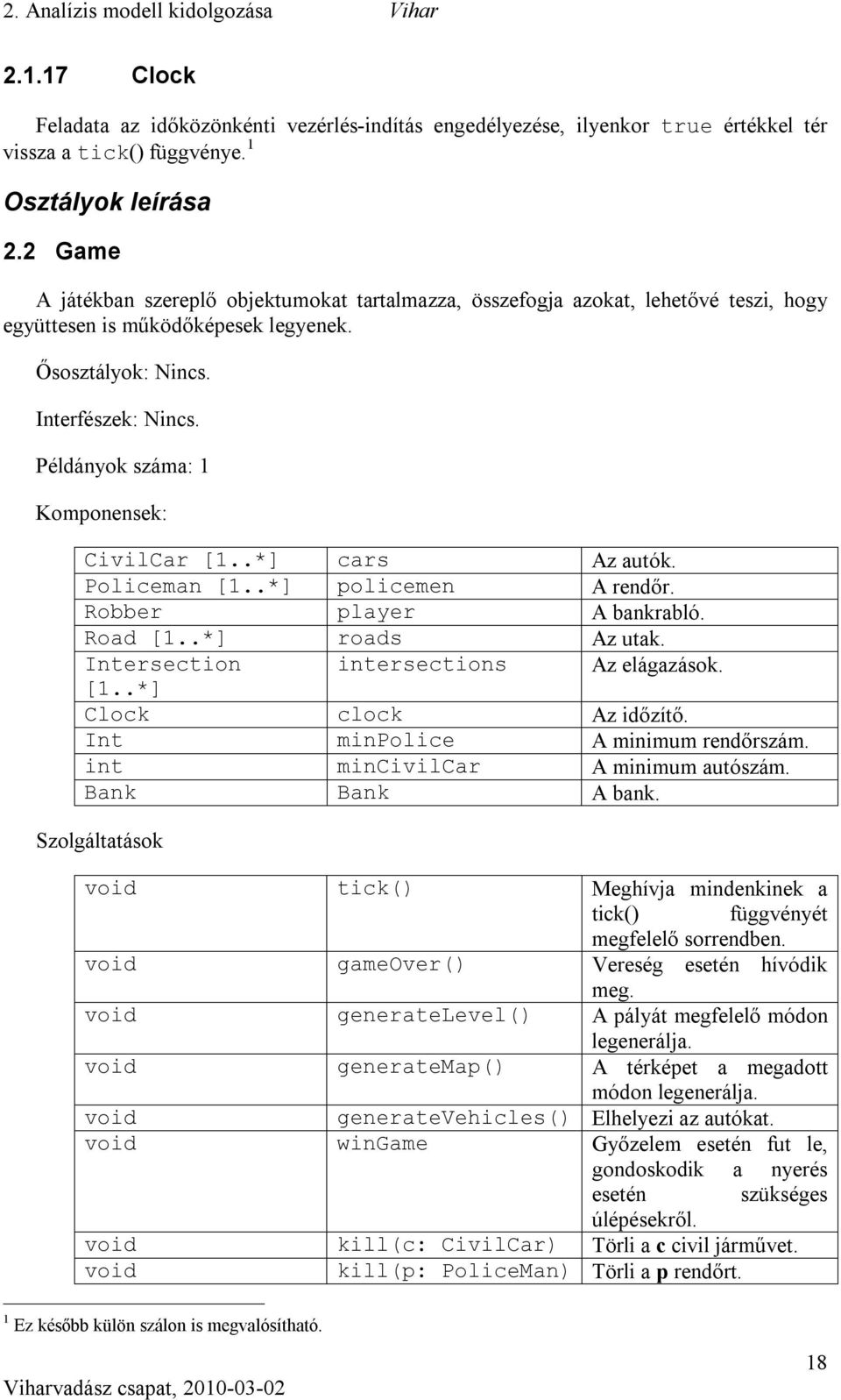 Példányok száma: 1 Komponensek: CivilCar [1..*] cars Az autók. Policeman [1..*] policemen A rendőr. Robber player A bankrabló. Road [1..*] roads Az utak. Intersection intersections Az elágazások. [1..*] Clock clock Az időzítő.