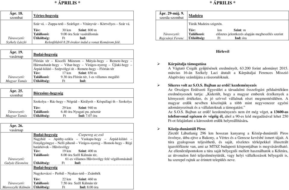 Rajcsányi Ferenc Táv: km Szint: m Találkozó: előzetes jelentkezés alapján megbeszélés szerint óra Ápr. 19. Ápr. 25. Ápr. 26.