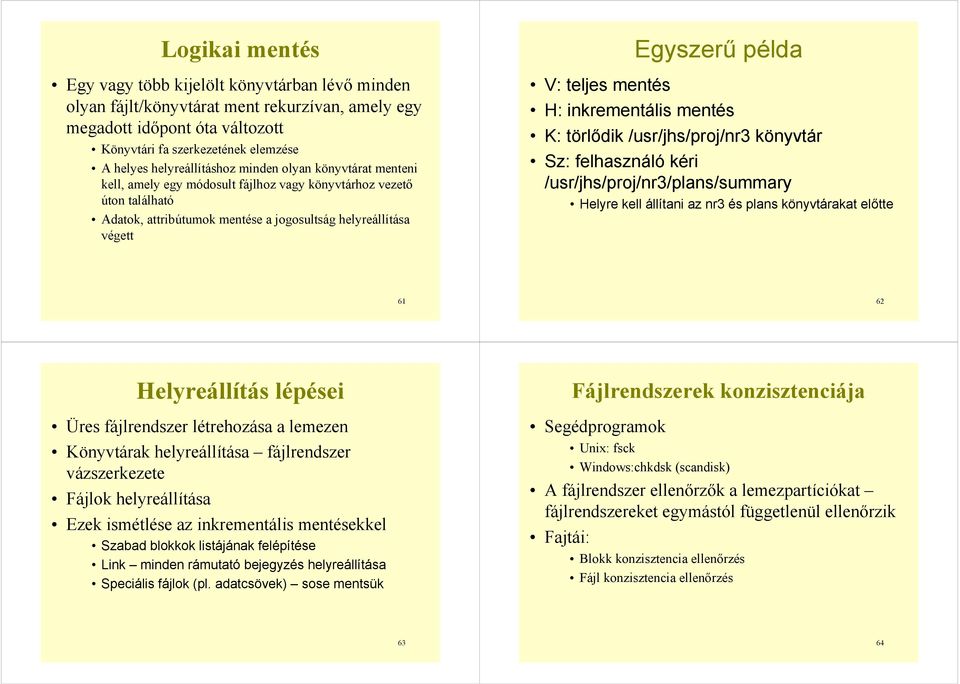 példa V: teljes mentés H: inkrementális mentés K: törlődik /usr/jhs/proj/nr3 könyvtár Sz: felhasználó kéri /usr/jhs/proj/nr3/plans/summary Helyre kell állítani az nr3 és plans könyvtárakat előtte 61