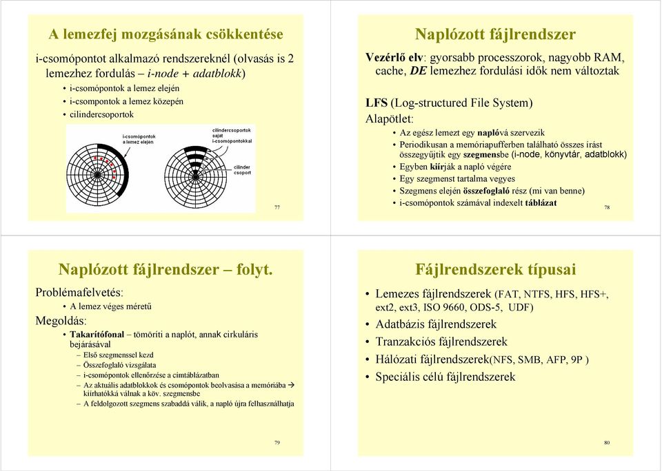 szervezik Periodikusan a memóriapufferben található összes írást összegyűjtik egy szegmensbe (i-node, könyvtár, adatblokk) Egyben kiírják a napló végére Egy szegmenst tartalma vegyes Szegmens elején