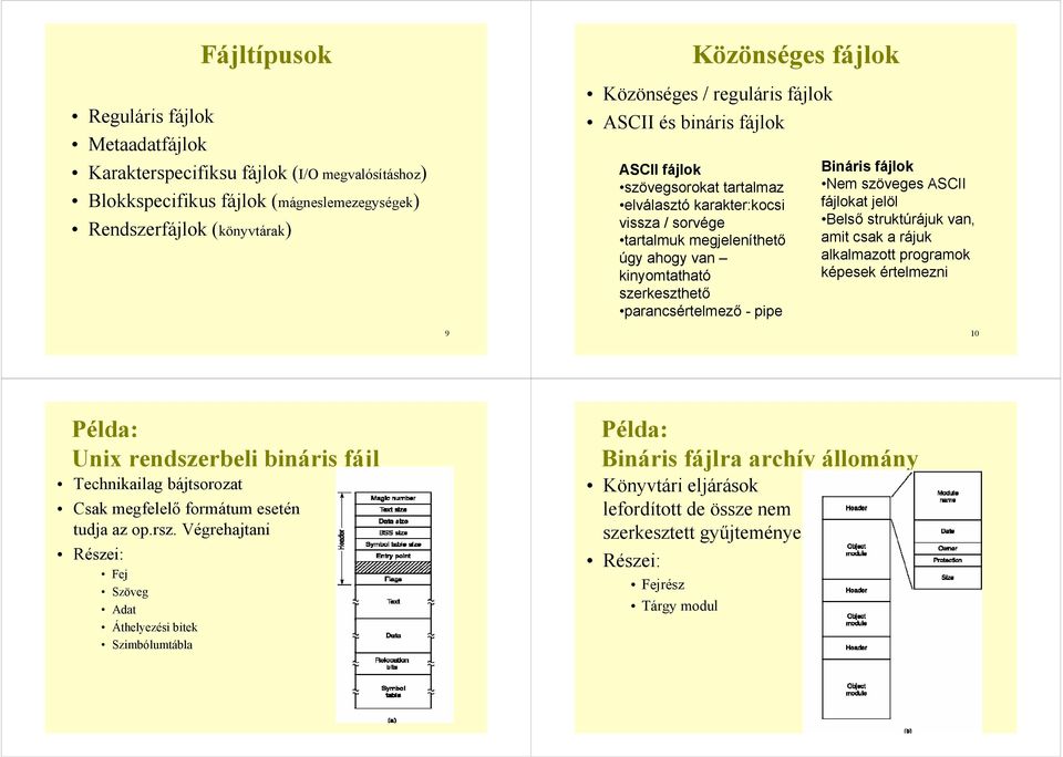 parancsértelmező -pipe Bináris fájlok Nem szöveges ASCII fájlokat jelöl Belső struktúrájuk van, amit csak a rájuk alkalmazott programok képesek értelmezni 9 10 Példa: Unix rendszerbeli bináris fájl