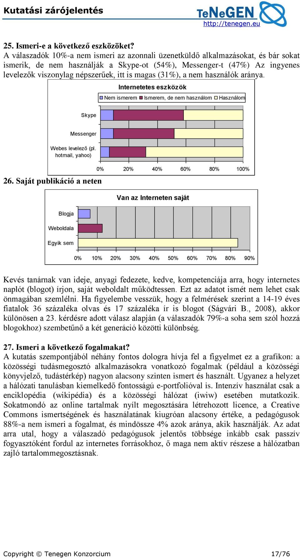 magas (31%), a nem használók aránya. Internetetes eszközök Nem ismerem Ismerem, de nem használom Használom Skype Messenger Webes levelező (pl. hotmail, yahoo) 26.