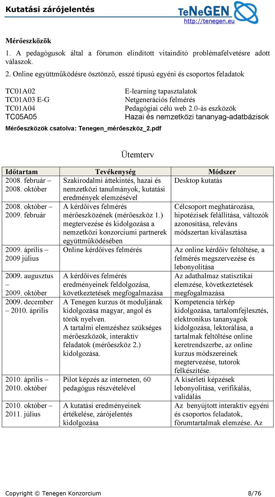 pdf E-learning tapasztalatok Netgenerációs felmérés Pedagógiai célú web 2.0-ás eszközök Hazai és nemzetközi tananyag-adatbázisok Ütemterv Időtartam Tevékenység Módszer 2008.