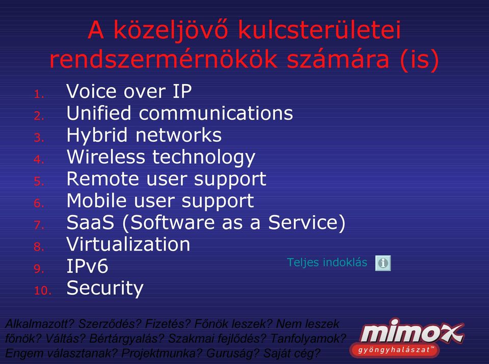 Wireless technology 5. Remote user support 6. Mobile user support 7.