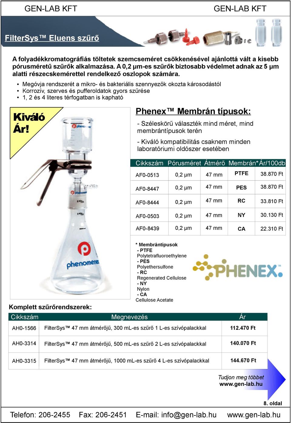 Megóvja rendszerét a mikro- és bakteriális szennyezők okozta károsodástól Korrozív, szerves és pufferoldatok gyors szűrése, és literes térfogatban is kapható Phenex Membrán típusok: Kiváló Ár!