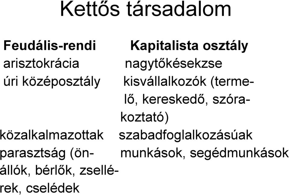 cselédek Kapitalista osztály nagytőkésekzse kisvállalkozók