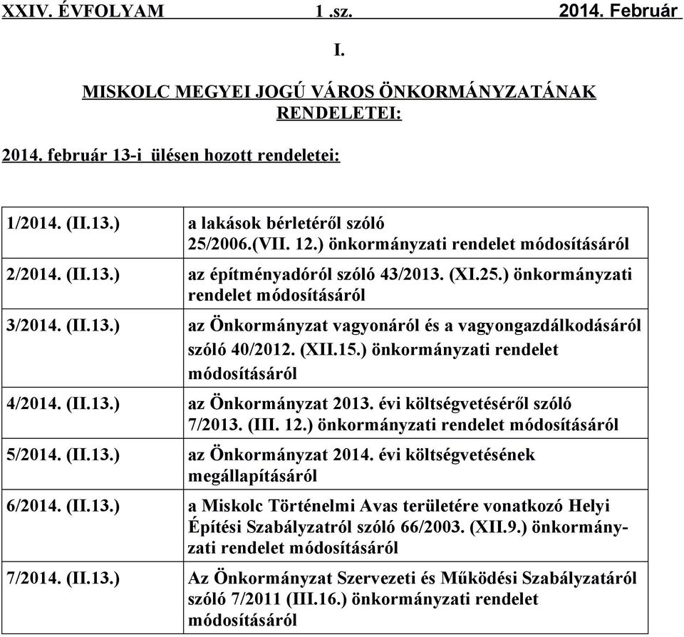 (XII.15.) önkormányzati rendelet módosításáról 4/2014. (II.13.) az Önkormányzat 2013. évi költségvetéséről szóló 7/2013. (III. 12.) önkormányzati rendelet módosításáról 5/2014. (II.13.) az Önkormányzat 2014.