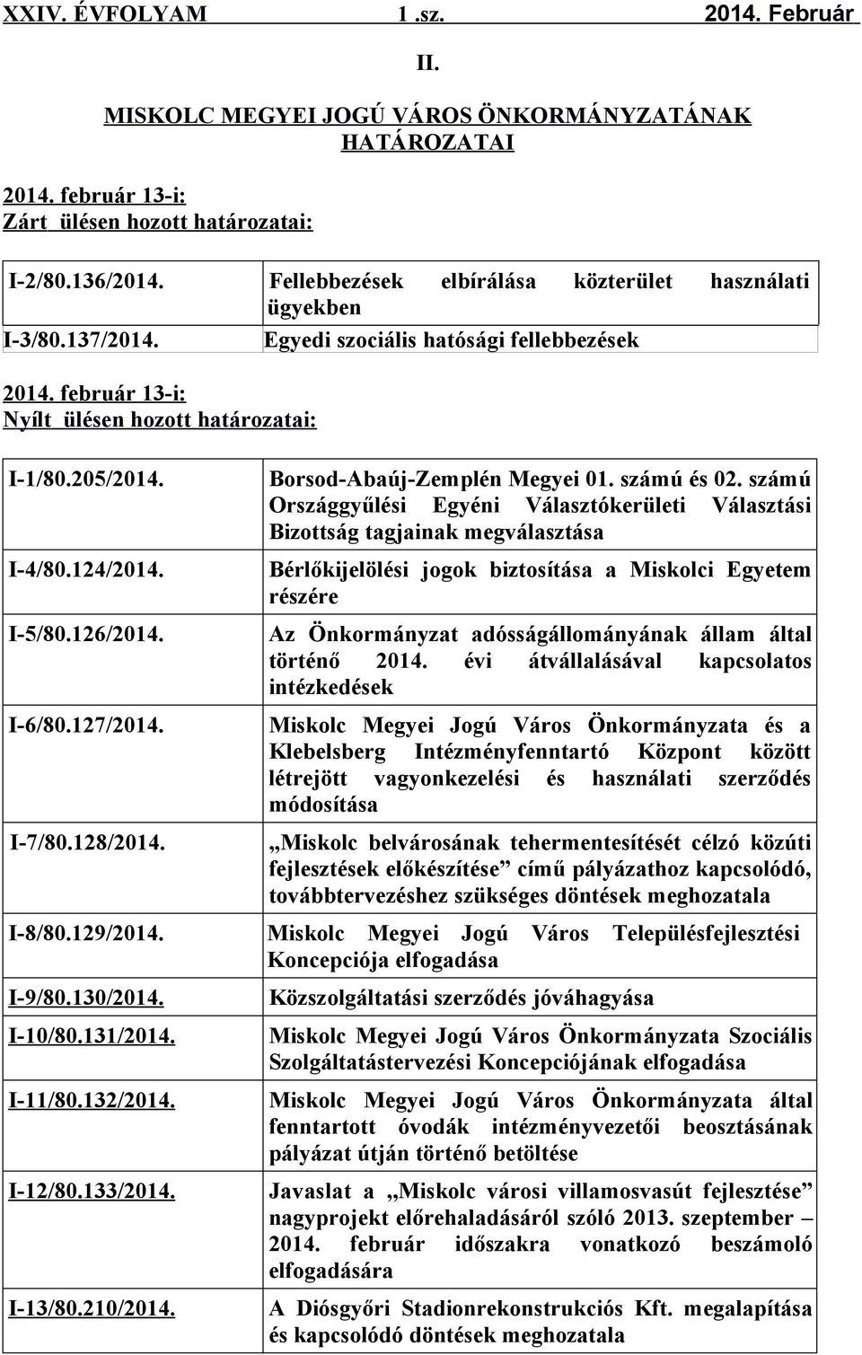 I-9/80.130/2014. I-10/80.131/2014. I-11/80.132/2014. I-12/80.133/2014. I-13/80.210/2014. Borsod-Abaúj-Zemplén Megyei 01. számú és 02.