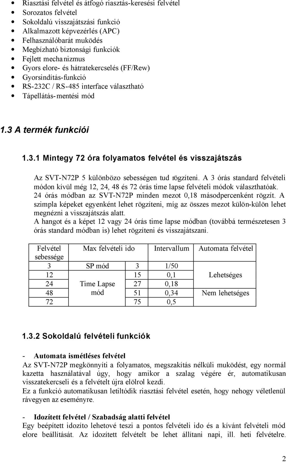 A 3 órás standard felvételi módon kívül még 12, 24, 48 és 72 órás time lapse felvételi módok választhatóak. 24 órás módban az SVT-N72P minden mezot 0,18 másodpercenként rögzít.
