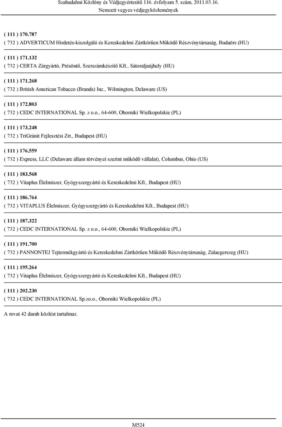 248 ( 732 ) TriGránit Fejlesztési Zrt., Budapest (HU) ( 111 ) 176.559 ( 732 ) Express, LLC (Delaware állam törvényei szerint működő vállalat), Columbus, Ohio (US) ( 111 ) 183.
