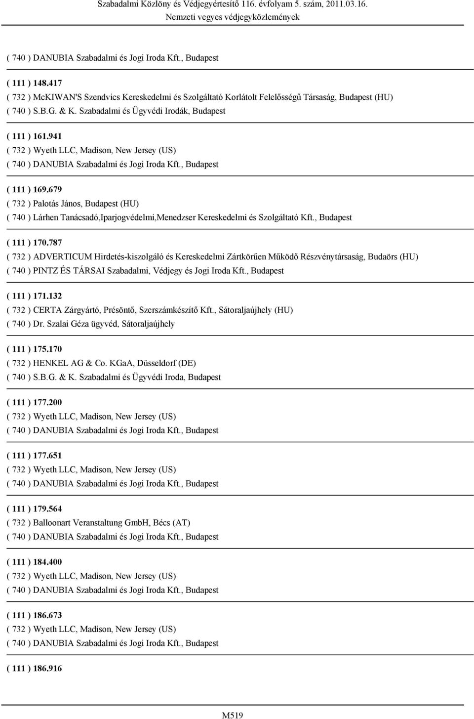 787 ( 732 ) ADVERTICUM Hirdetés-kiszolgáló és Kereskedelmi Zártkörűen Működő Részvénytársaság, Budaörs (HU) ( 740 ) PINTZ ÉS TÁRSAI Szabadalmi, Védjegy és Jogi Iroda Kft., Budapest ( 111 ) 171.