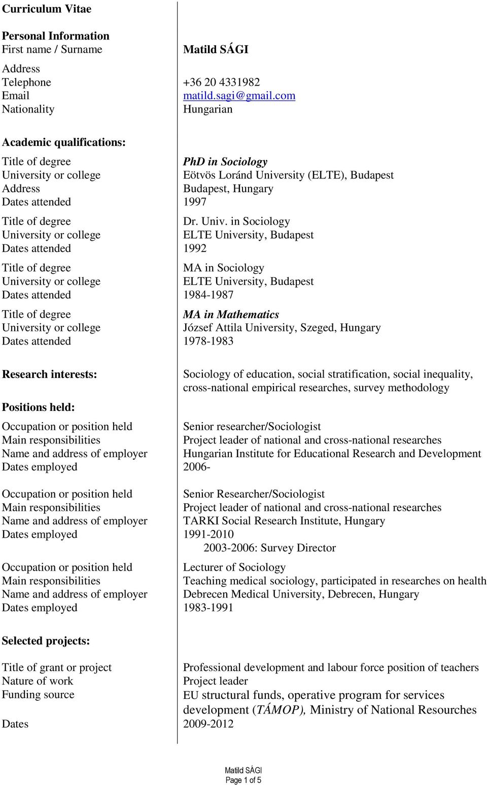 rsity (ELTE), Budapest Address Budapest, Hungary Dates attended 1997 Dr. Univ.