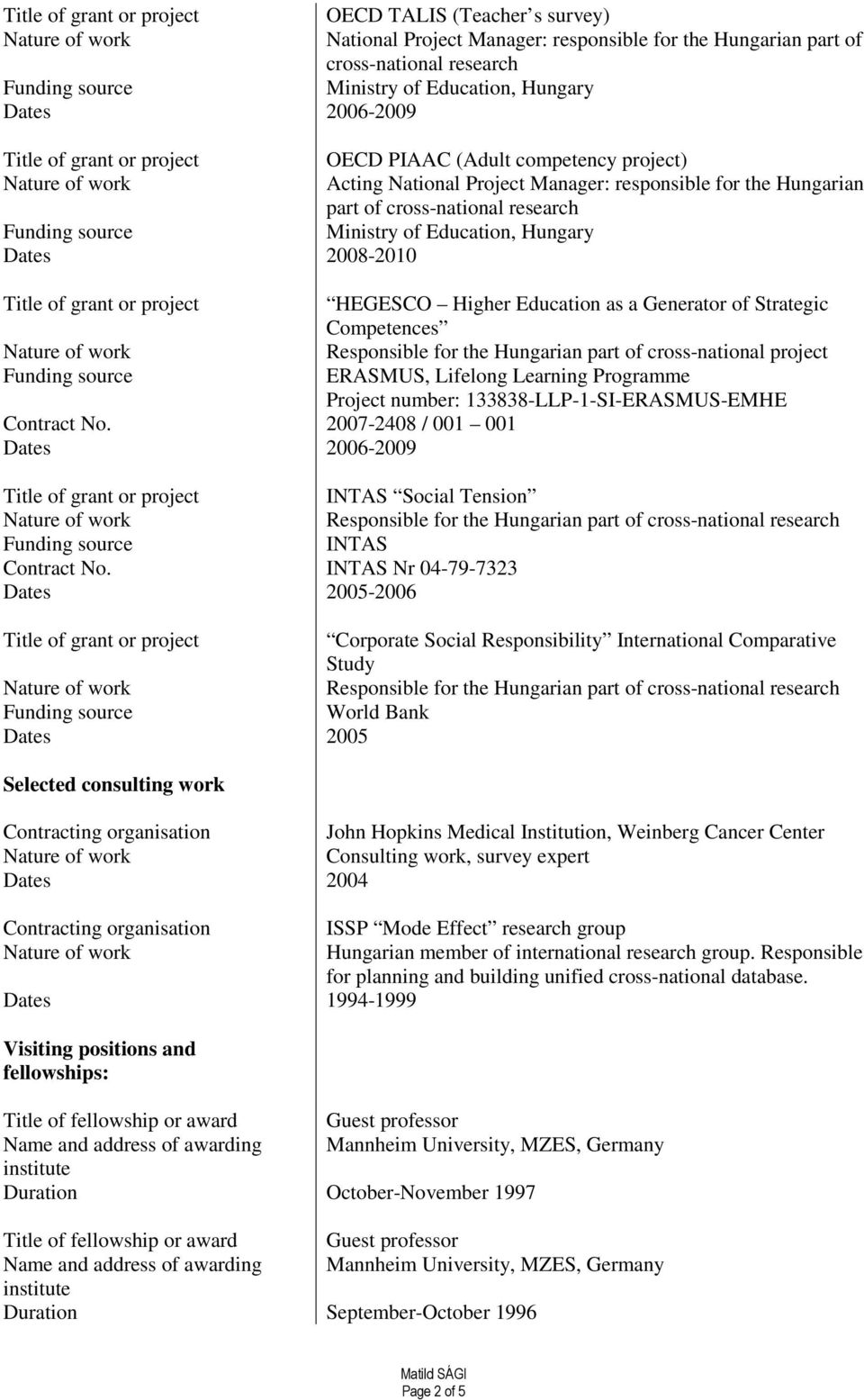 2007-2408 / 001 001 Dates 2006-2009 HEGESCO Higher Education as a Generator of Strategic Competences Responsible for the Hungarian part of cross-national project ERASMUS, Lifelong Learning Programme