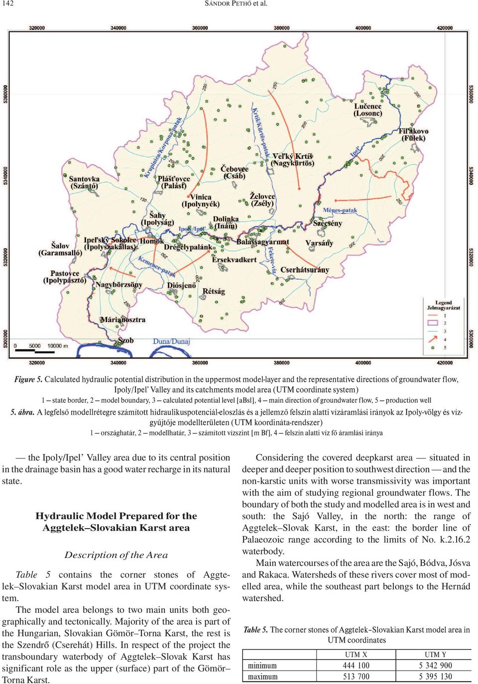1 state border, 2 model boundary, 3 calculated potential level [absl], 4 main direction of groundwater flow, 5 production well 5. ábra.