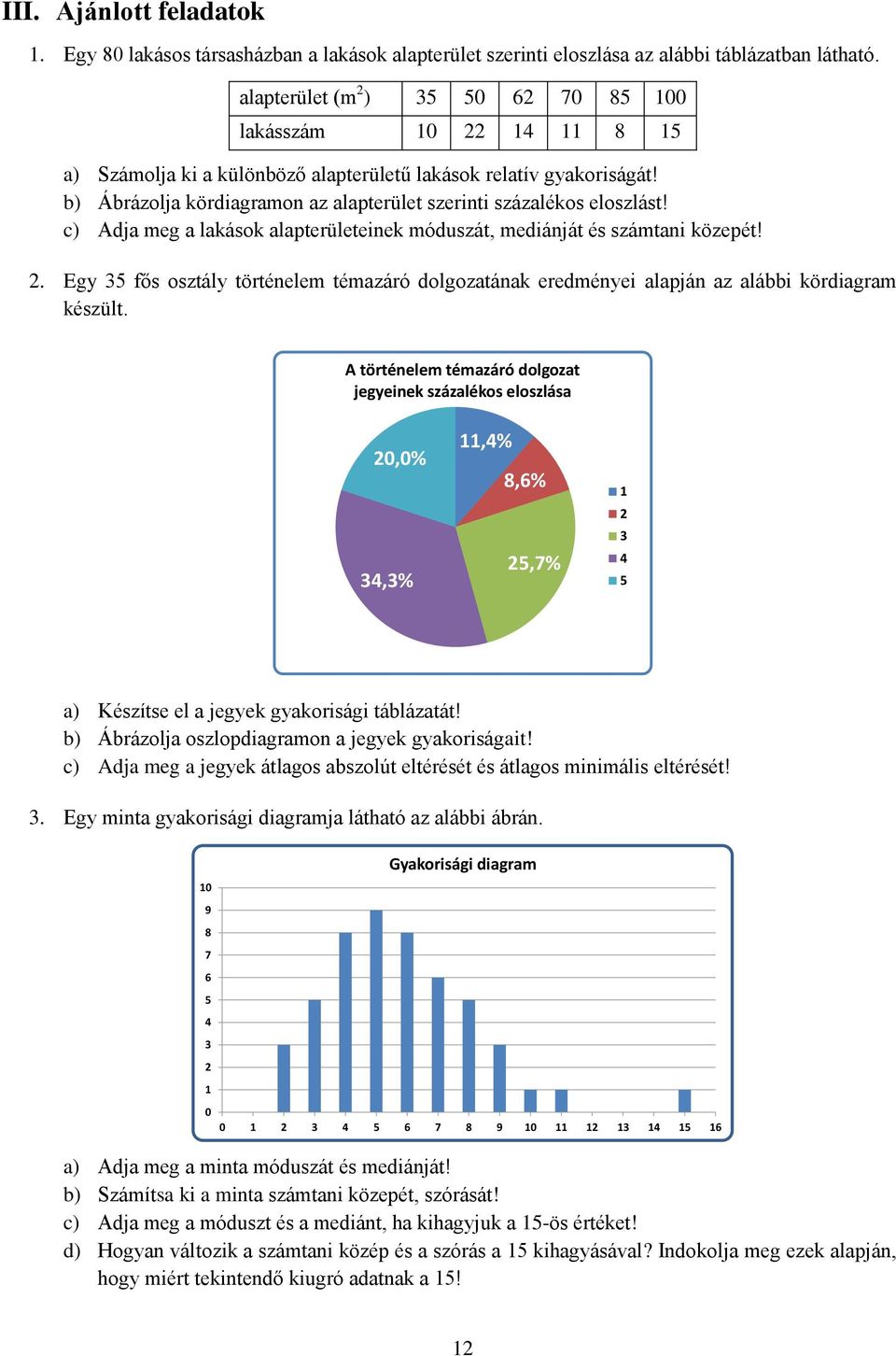 b) Ábrázolja kördiagramon az alapterület szerinti százalékos eloszlást! c) Adja meg a lakások alapterületeinek móduszát, mediánját és számtani közepét! 2.