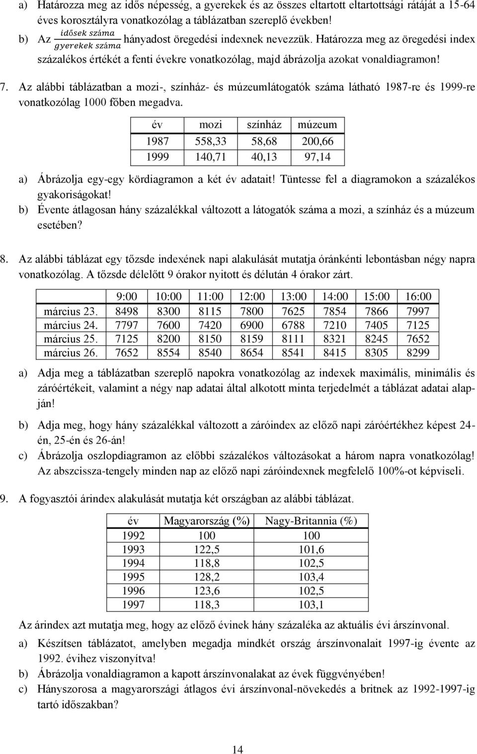 Az alábbi táblázatban a mozi-, színház- és múzeumlátogatók száma látható 1987-re és 1999-re vonatkozólag 1000 főben megadva.