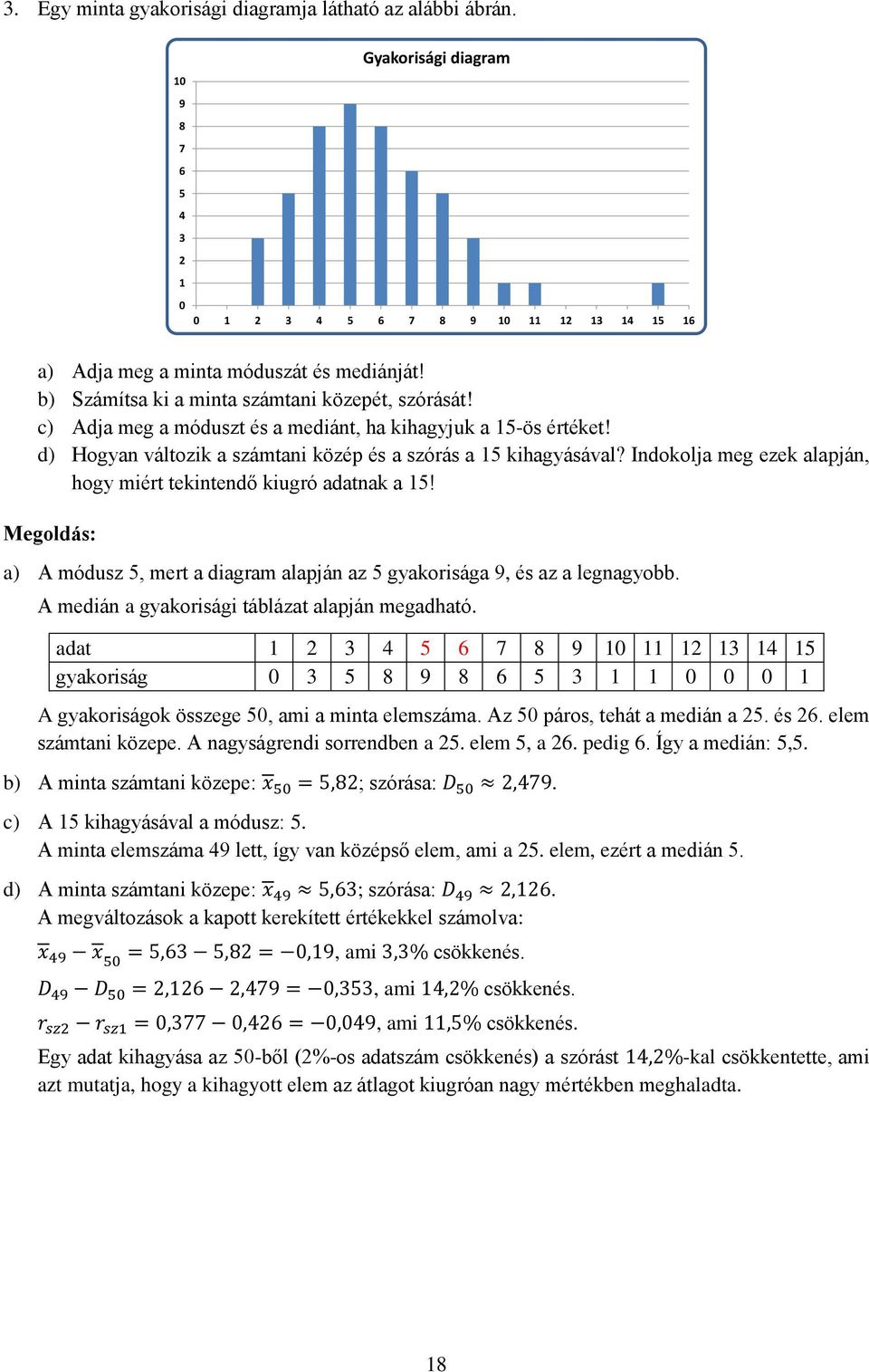 Indokolja meg ezek alapján, hogy miért tekintendő kiugró adatnak a 15! a) A módusz 5, mert a diagram alapján az 5 gyakorisága 9, és az a legnagyobb. A medián a gyakorisági táblázat alapján megadható.