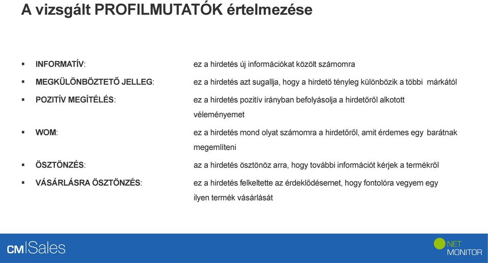 véleményemet WOM: ez a hirdetés mond olyat számomra a hirdetőről, amit érdemes egy barátnak megemlíteni ÖSZTÖNZÉS: az a hirdetés ösztönöz arra,