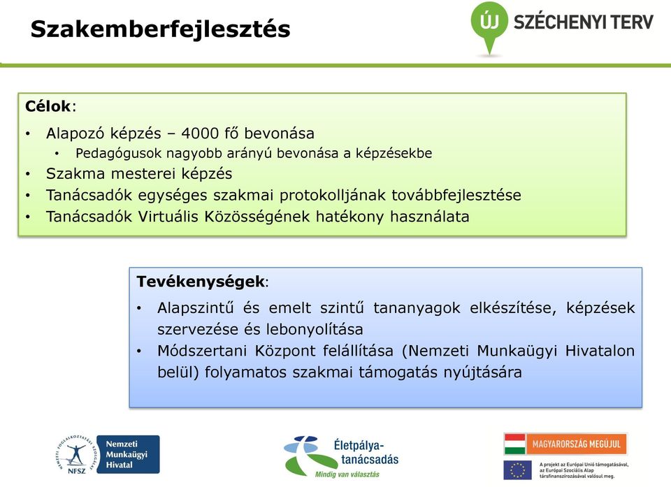 Közösségének hatékony használata Tevékenységek: Alapszintű és emelt szintű tananyagok elkészítése, képzések