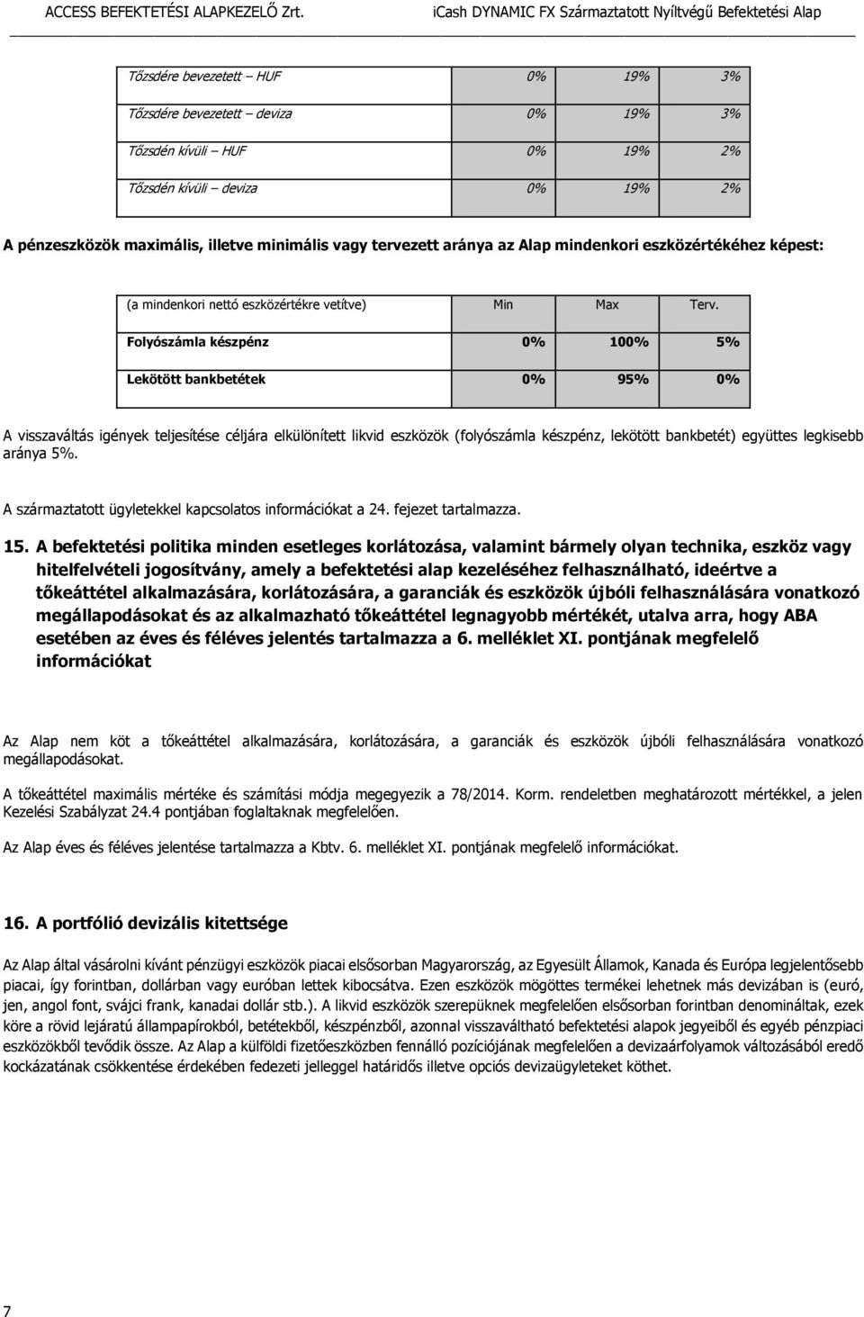 Folyószámla készpénz 0% 100% 5% Lekötött bankbetétek 0% 95% 0% A visszaváltás igények teljesítése céljára elkülönített likvid eszközök (folyószámla készpénz, lekötött bankbetét) együttes legkisebb