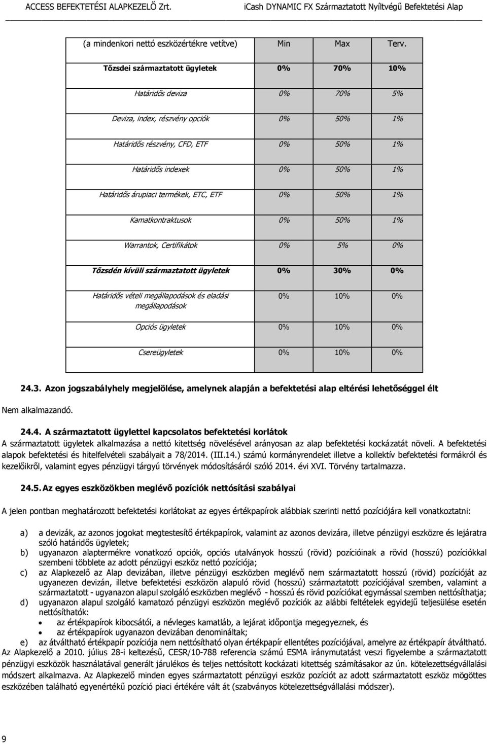 termékek, ETC, ETF 0% 50% 1% Kamatkontraktusok 0% 50% 1% Warrantok, Certifikátok 0% 5% 0% Tőzsdén kívüli származtatott ügyletek 0% 30% 0% Határidős vételi megállapodások és eladási megállapodások 0%
