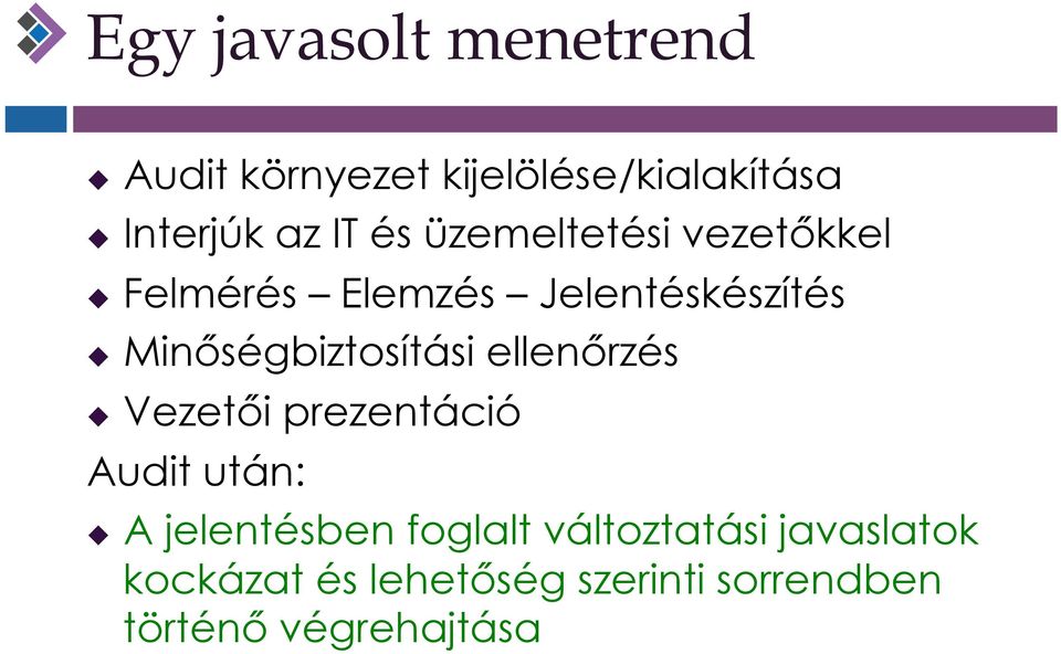 Minőségbiztosítási ellenőrzés u Vezetői prezentáció Audit után: u A jelentésben