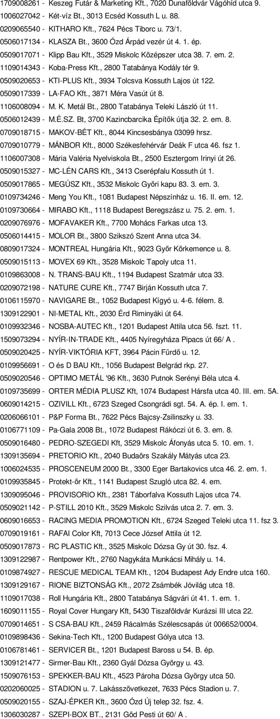 0509020653 - KTI-PLUS Kft., 3934 Tolcsva Kossuth Lajos út 122. 0509017339 - LA-FAO Kft., 3871 Méra Vasút út 8. 1106008094 - M. K. Metál Bt., 2800 Tatabánya Teleki László út 11. 0506012439 - M.É.SZ.