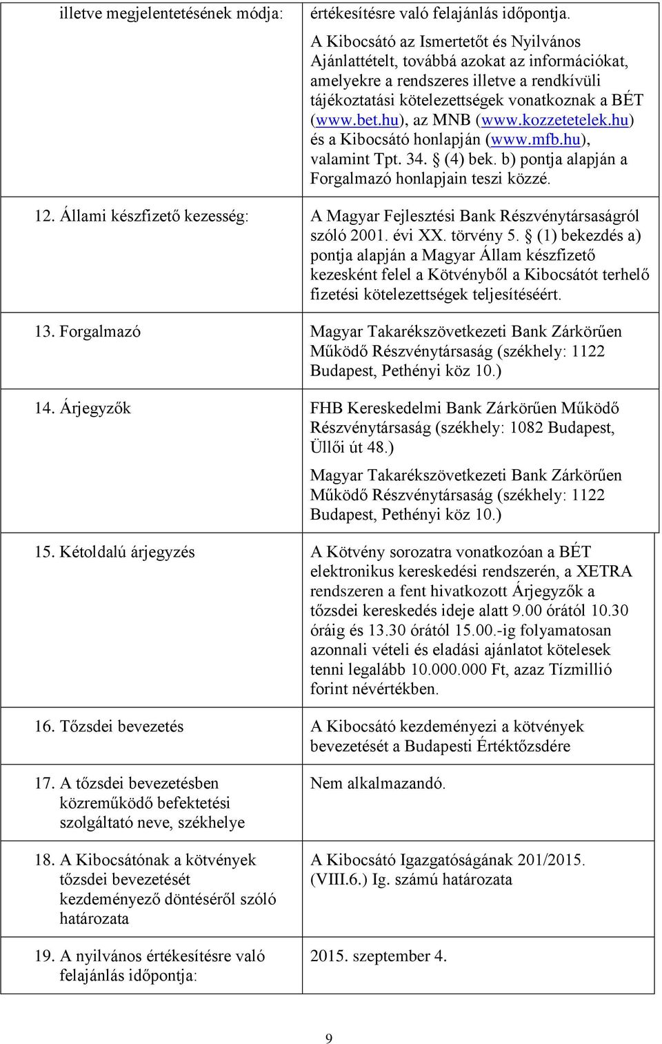 hu), az MNB (www.kozzetetelek.hu) és a Kibocsátó honlapján (www.mfb.hu), valamint Tpt. 34. (4) bek. b) pontja alapján a Forgalmazó honlapjain teszi közzé. 12.