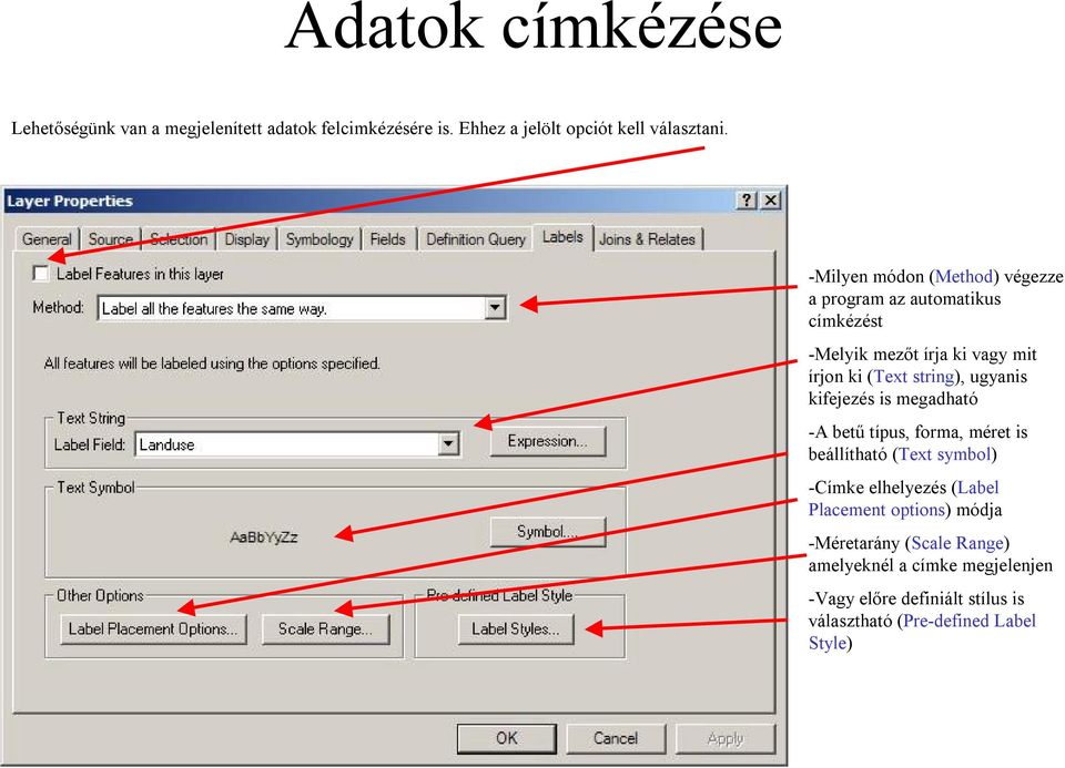 ugyanis kifejezés is megadható -A betű típus, forma, méret is beállítható (Text symbol) -Címke elhelyezés (Label Placement
