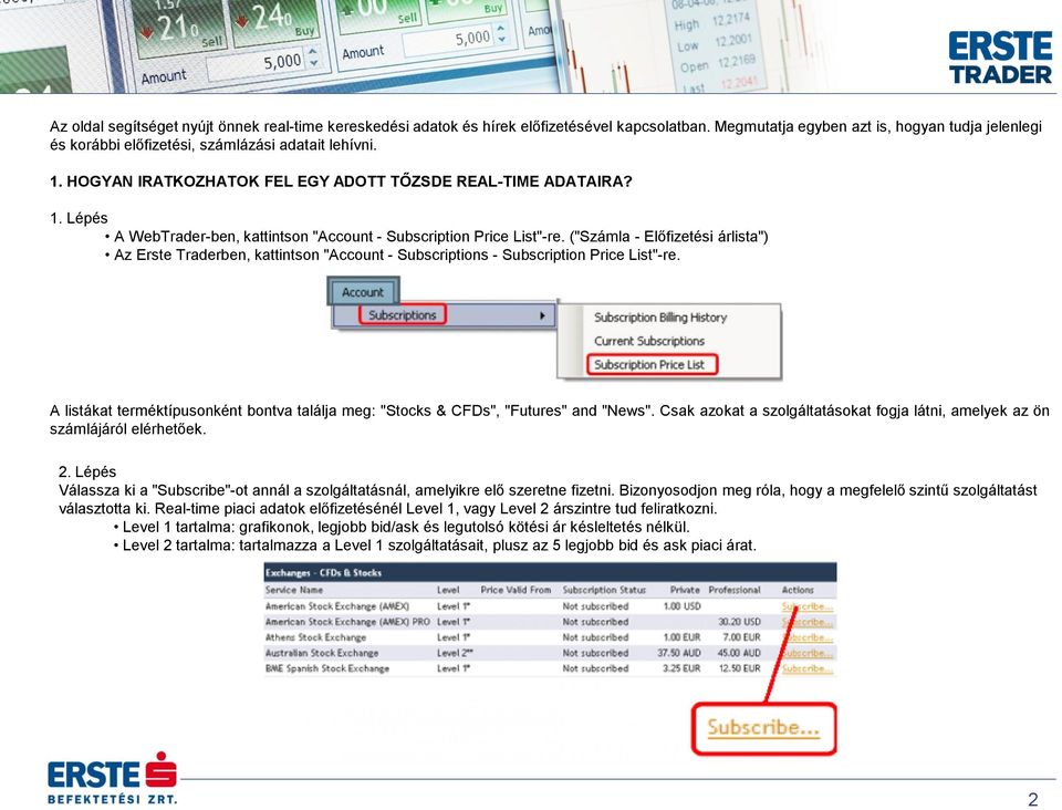 ("Számla - Előfizetési árlista") Az Erste Traderben, kattintson "Account - Subscriptions - Subscription Price List"-re.