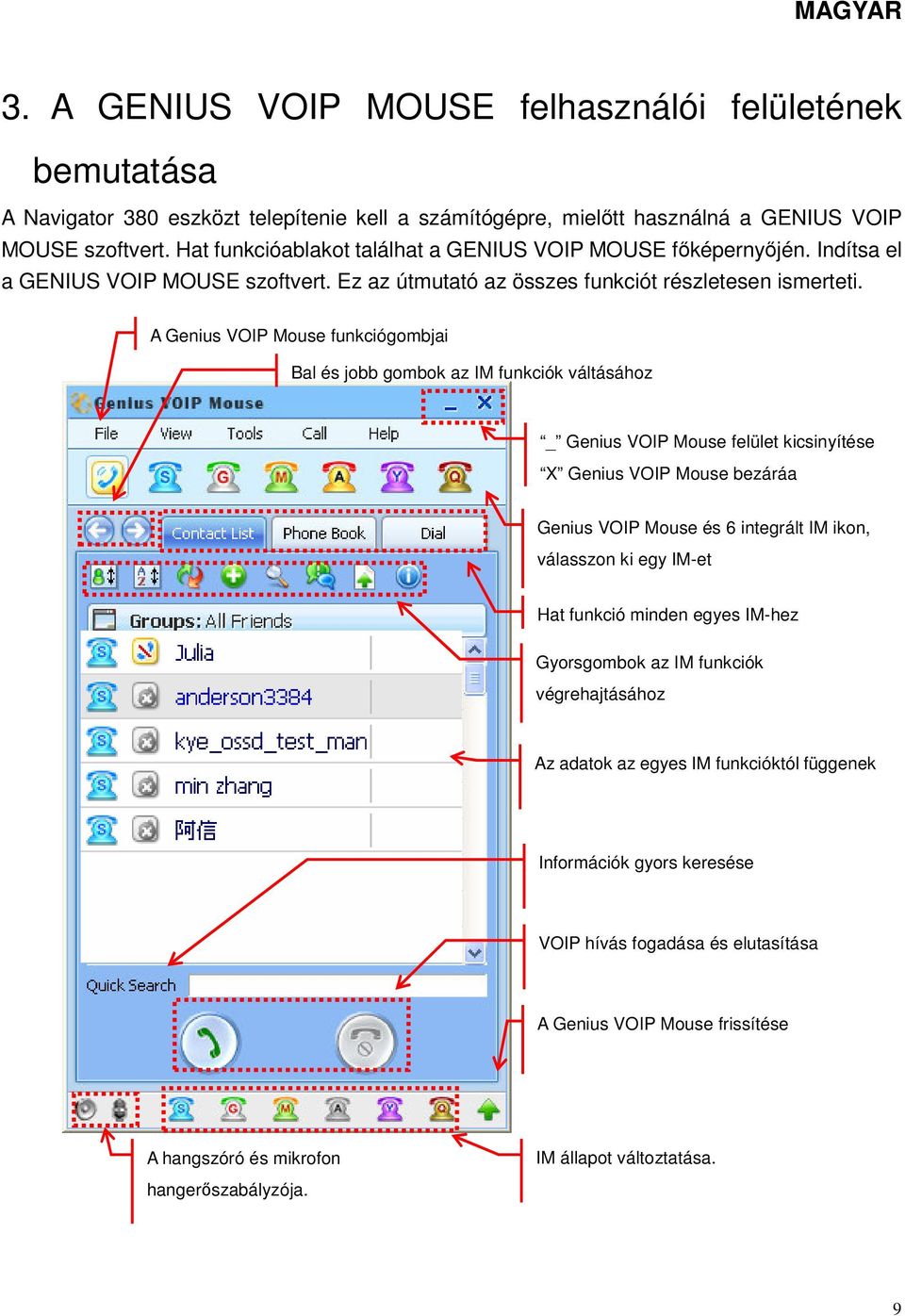 A Genius VOIP Mouse funkciógombjai Bal és jobb gombok az IM funkciók váltásához _ Genius VOIP Mouse felület kicsinyítése X Genius VOIP Mouse bezáráa Genius VOIP Mouse és 6 integrált IM ikon,